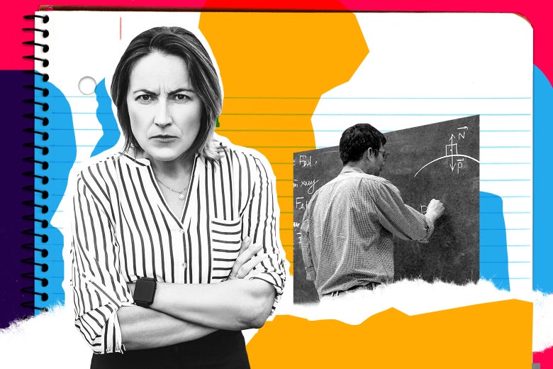 Photo illustration of a overbearing mother and a teacher.